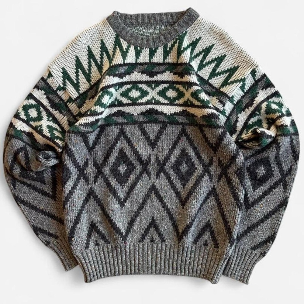 Vintage Northwest Territory Gray Green Geometric Grandpa Nordic Crewneck Sweater
